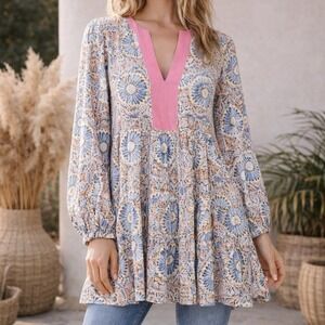 Ott, Blue Pink Boho Floral Relaxed Tiered Blouson Sleeve Tunic Top, Size 2X